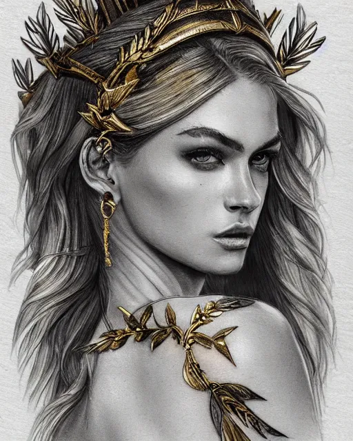 Image similar to tattoo sketch of hot blonde super model as aphrodite greek goddess wearing a gold laurel wreath and triangle earrings, beautiful piercing gaze with sharp pupils, in the style of greg rutkowski, fantasy, amazing detail, epic, elegant, smooth, sharp focus, front view