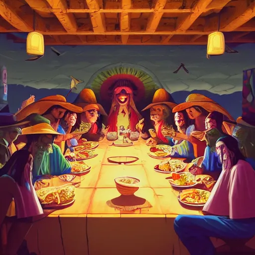 Image similar to the last supper in a mexican restaurant, sombrero, ponchos, by dan mumford, yusuke murata, makoto shinkai, ross tran, cosmic, heavenly, god rays, intricate detail, cinematic, 8 k, cel shaded, unreal engine, featured on artstation, pixiv