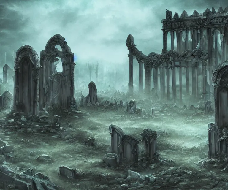 Image similar to a city of tombs and tombstones, graveyard landscape, ghostly spirits, giant grave structures, giant tomb structures, dark fantasy, digital art, fantasy art