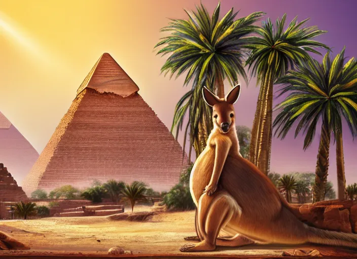 Prompt: a professional portrait, of an anthropomorphic kangaroo sitting outside of an ancient egyptian pyramid, tropical palm trees and eucalyptus trees everywhere, rocky desert cliffs in background, sunset, sunrays, cinematic lighting, ancient egyptian architecture buildings, detailed, artstation