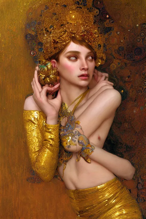 Prompt: an intricate artistic pose painting of a beautiful young muse with an artistic sensual pose with klimt golden motives and textures, hyper detailed, ornamental gold headpiece, octane render, vivid colors, artstation, by jeremy mann, by alphonse mucha, by boris vallejo