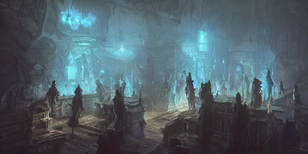 Image similar to bright blue light D&D floating ghosts specters spirits inside ship lower deck, intricate, fantasy magic, highly detailed, digital painting, artstation, smooth, sharp focus, great composition, illustration, art by Greg Rutkowski, trending on artstation