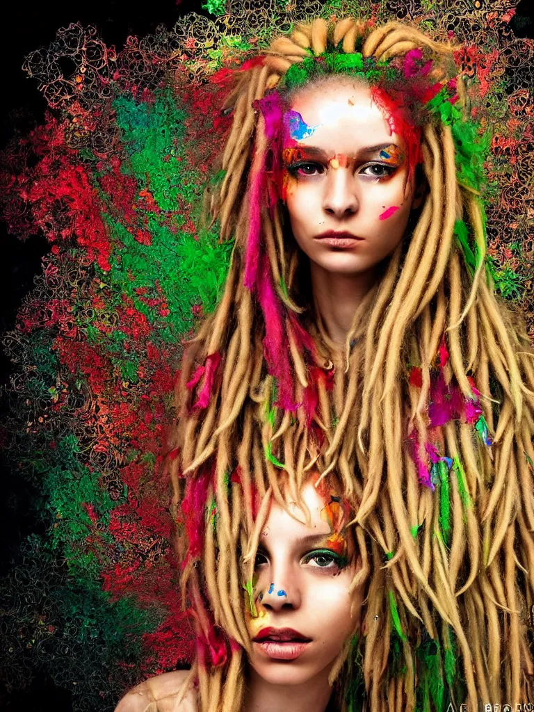 Prompt: a stunningly beautiful woman with blonde dreadlocks, in the style of artur bordalo, in a fractal environment