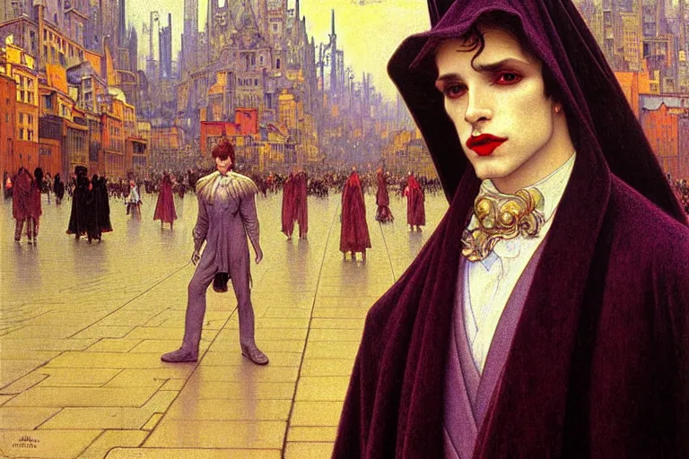 Prompt: realistic extremely detailed closeup portrait painting of an elegant blond male vampire in a cape, detailed crowded city street on background by Jean Delville, Amano, Yves Tanguy, Ilya Repin, Alphonse Mucha, Ernst Haeckel, Edward Robert Hughes, Roger Dean, rich moody colours