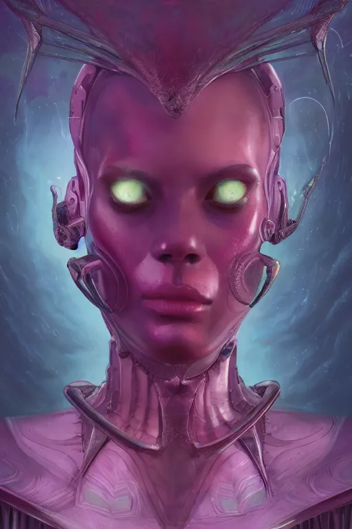 Image similar to digital portrait of an elegant alien queen, straight on, full body character concept art, concept art, by artgerm, tom bagshaw, gerald brom, vaporwave colors, lo fi colors, vaporwave, lo fi, 4 k, hd, rendered with substance designer, small details