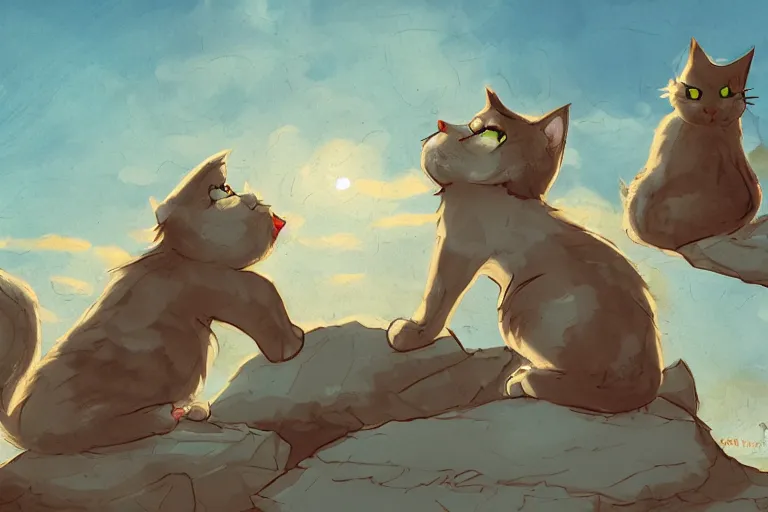 Image similar to cat standing on a rock in front of a crowd of cats, backlighting, digital art, trending on pixiv, fanart