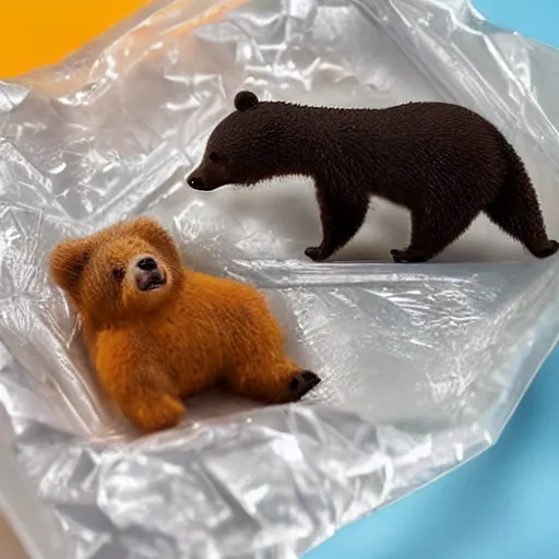 Image similar to macro shor photograph of tiny realistic looking bears inside of a plastic food package