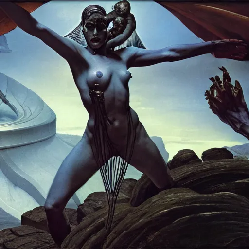 Prompt: still frame from Prometheus movie, Slaanesh succubus godess editorial by wayne barlowe by caravaggio by giger by malczewski, contrastive 4k wallpaper