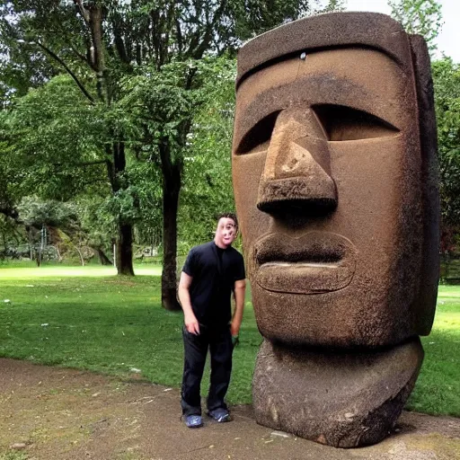 Image similar to man with a moai statue for a head doing a kickflip