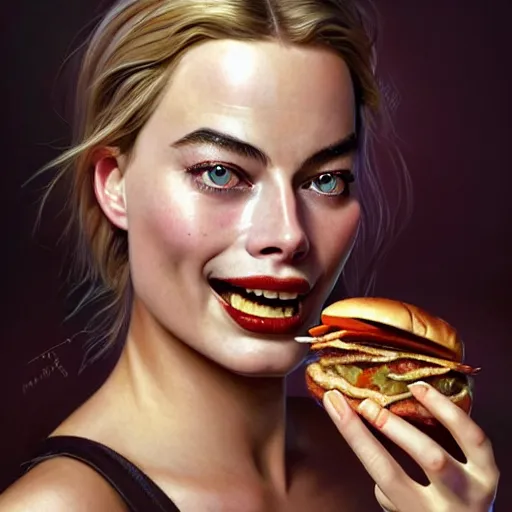 Image similar to portrait of a Margot Robbie eating a hamburger, extra onions and ketchup, luscious patty with sesame seeds, masculine, handsome, D&D, fantasy, intricate, elegant, highly detailed, digital painting, artstation, concept art, matte, sharp focus, illustration, art by Artgerm and Greg Rutkowski and Alphonse Mucha