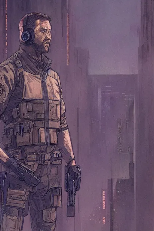 Image similar to ghost. smug blackops mercenary in near future tactical gear and cyberpunk headset. Blade Runner 2049. concept art by James Gurney and Mœbius.