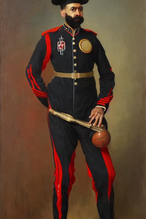 Image similar to full body portrait of the dictator of the houston rockets, 1 8 8 9, in full military garb, oil on canvas by william sidney mount, trending on artstation