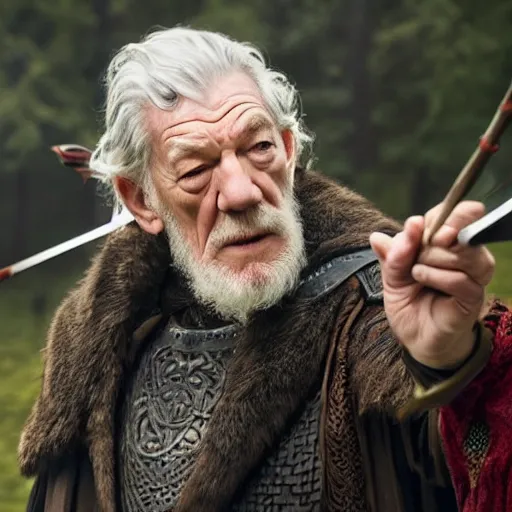 Prompt: sir ian mckellen playing odin all father from the thor movie, sir ian mckellen shooting arrows from his bow, highly detailed, cinematic shot, cinematic lighting, 8 k, exquisit facial detail