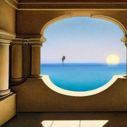 Image similar to David Ligare masterpiece, gold rings, hyperrealistic surrealism, award winning masterpiece with incredible details, beautiful lighting, pool caustics, illuminated orbs, epic stunning, infinity pool, a surreal vaporwave liminal space, highly detailed, trending on ArtStation, broken giant marble head statue ruins, calming, meditative, geometric liminal space, palm trees, very vaporwave, very very surreal, sharp details