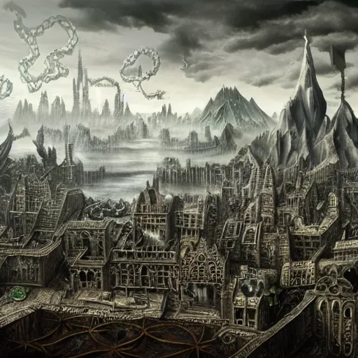 Prompt: representation of the eldritch city of r'lyeh in the mind of a person, symbols, intricate fractals, ethereal, van eyck, symbolism, detailed, hyperrealism, healing, depth of field, dramatic lighting 8 k render, maximum detail, full hand in view, surreal, depth of field,