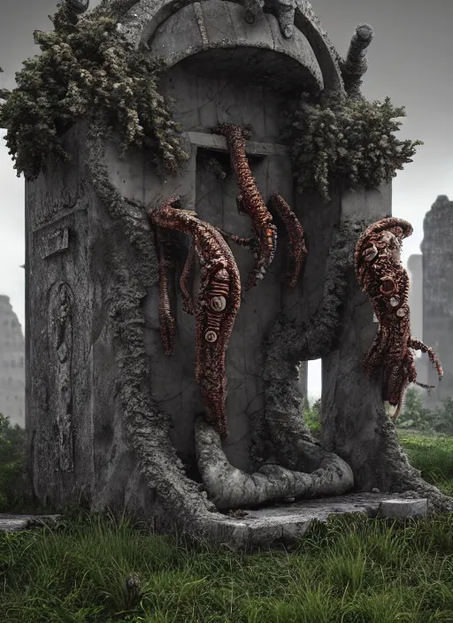 Image similar to ruined ancient lichen covered monument surrounded by biomechanical creatures, ultra realistic, hyper detailed, 8k, octane render