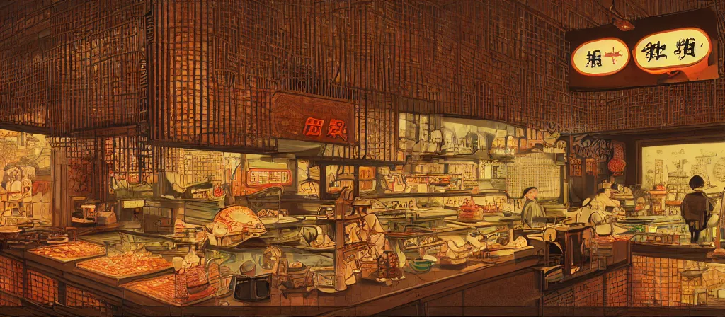 Image similar to a beautiful simple 4 k hd wallpaper illustration of interior view display of the corner of roasted string hotpot shop, simple style, from china, with merchant logo, simple structure, surrealistic, chinese style, victo ngai, james jean, denoise, deblurring