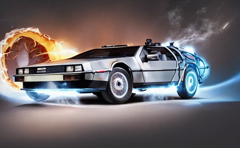 Image similar to a time-traveling delorean styled toaster with toast, bread inserted into slot, glowing heating coils, stainless steel, professional product shot, magazine ad