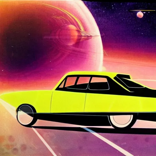 Image similar to 1960s car on a road in space driving towards a planet, synthwave