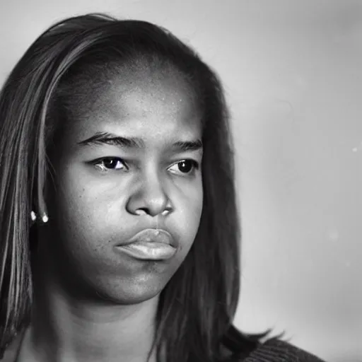 Image similar to a portrait photo of 20 year old female obama, with a sad expression, looking forward