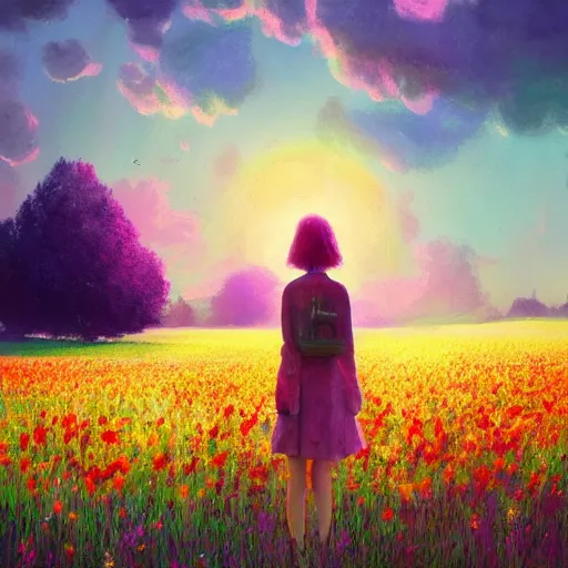 Image similar to girl made from large flower, standing in flower field, surreal photography, big trees, sunrise dramatic light, impressionist painting, colorful clouds, digital painting, pointillism, artstation, simon stalenhag