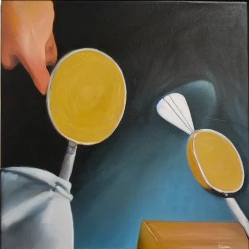 Prompt: dos muxos xugando al ping pong sobro fondu naranxa, oil painting