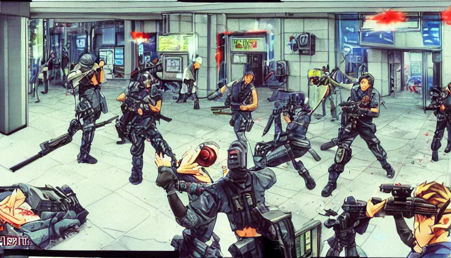 Image similar to 1994 Video Game Screenshot, Anime Neo-tokyo Cyborg bank robbers vs police, Set inside of the Bank Lobby, Multiplayer set-piece in bank lobby, Tactical Squad :9, Police officers under heavy fire, Police Calling for back up, Bullet Holes and Blood Splatter, :6 Smoke Grenades, Riot Shields, Large Caliber Sniper Fire, Chaos, Anime Cyberpunk, Anime Bullet VFX, Machine Gun Fire, Violent Gun Action, Shootout, Escape From Tarkov, Intruder, Payday 2, 8k :4 by Katsuhiro Otomo: 9