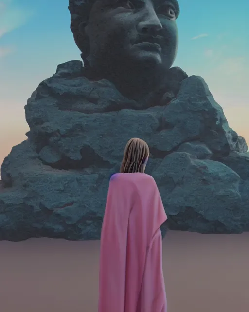 Image similar to a painting of a real woman standing in front of a huge stone statue, a screenshot by stanley twardowicz, cgsociety, aestheticism, aesthetic, vaporwave, anime aesthetic