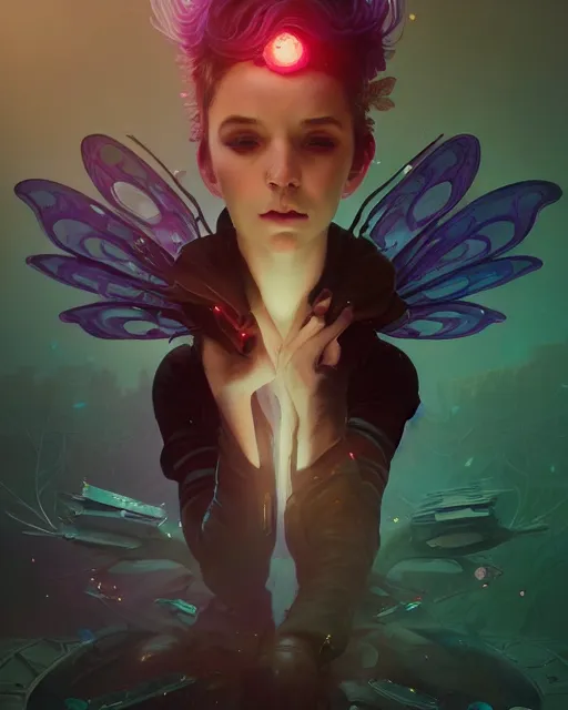 Image similar to highly detailed surreal vfx portrait of a cyber noir fairy, stephen bliss, unreal engine, greg rutkowski, loish, rhads, beeple, makoto shinkai and lois van baarle, ilya kuvshinov, rossdraws, tom bagshaw, alphonse mucha, global illumination, detailed and intricate environment