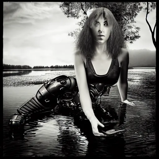 Image similar to portrait of a stunning female cyborg, ex machina, sitting in a pond, in the style of sally mann, photograph, black and white