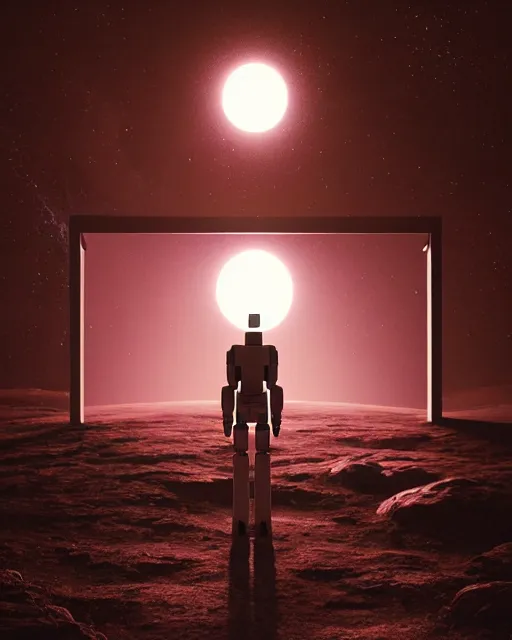 Image similar to a robot standing in front of a glowy open door that's on a barren moon, poster art by mike winkelmann, trending on cg society, space art, sci - fi, ue 5, futuristic, volumetric lighting, light casting onto the ground, neat composition and camera angle