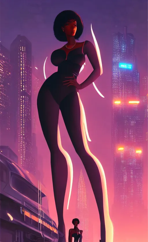 Image similar to a Black femme fatale woman, Anime. Futuristic Blade Runner city in the background, realistic shaded lighting by Ilya Kuvshinov Giuseppe Dangelico Pino and Michael Garmash and Rob Rey, 8K