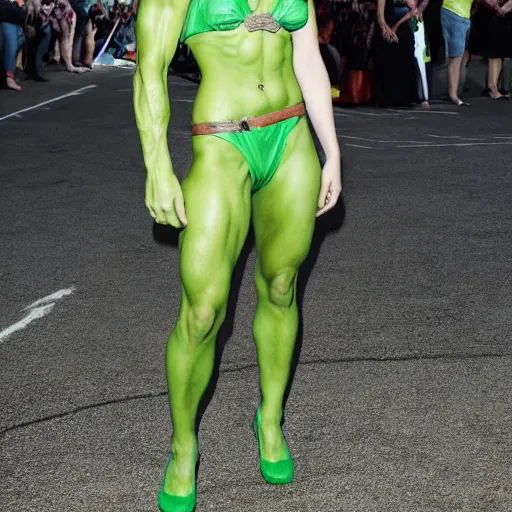 Image similar to emma watson cosplaying as the hulk, muscly emma watson wearing a hulk costume, emma watson jacked beefy cosplay award winner