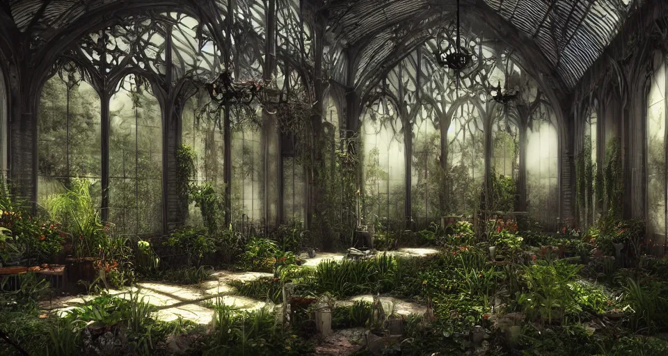 Prompt: night in a broken gothic walled greenhouse with dead plants, table in the center by Anne Stokes. octane Render, artstation, wallpaper, volumetric light..