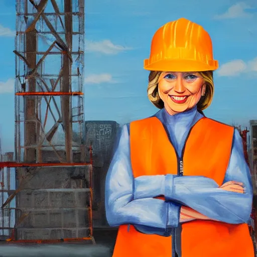 Image similar to stylized oil painting of hillary clinton as a construction worker, wearing an orange safety vest