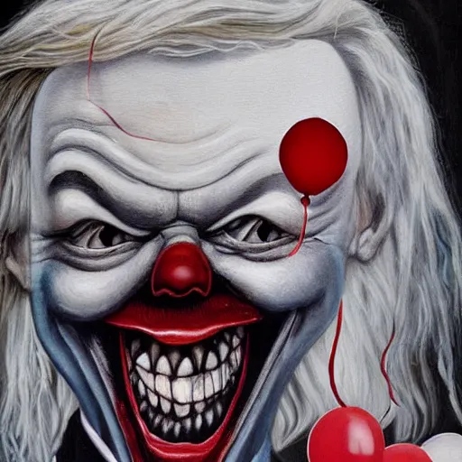 Image similar to grunge painting of donald trump with a wide smile and a red balloon by chris leib, loony toons style, pennywise style, corpse bride style, horror theme, detailed, elegant, intricate