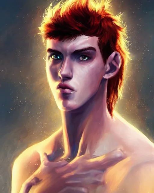 Image similar to an epic fantasy comic book style portrait painting of tall, thin, 1 5 - year - old boy with a long nose, a lot of freckles, fiery red hair, and bright blue eyes, unreal 5, daz, hyperrealistic, octane render, cosplay, rpg portrait, dynamic lighting