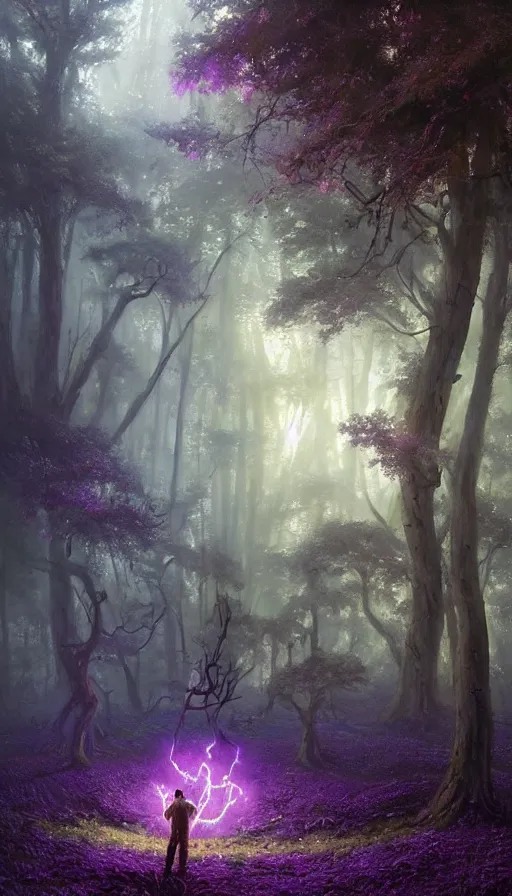 Prompt: hyper realistic oil painting of a future sci - fi ancient god painting a wall on the middle of a forest with a lot of purple trees holding a portal that's about to explode, fog, volumetric lighting, sunny day, by greg rutkowski and diego velazquez