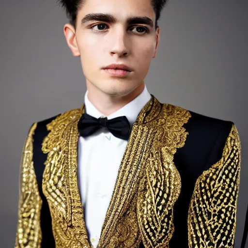 Prompt: elegant fancy suit of the groom,, black gold with elements of the sun. golden highlights. frill collar. intricate patterns with clear lines. clear details. realistic photo. the model is a handsome young man with a symmetrical face.