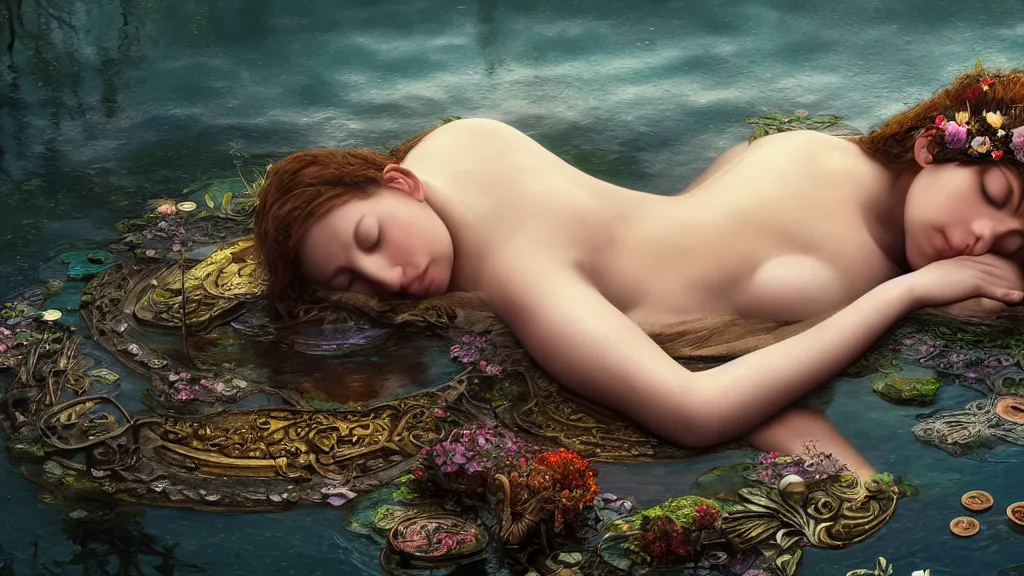 Prompt: prompt: one beautiful girl sleeping in the lake with shining face in high detailed 3d octane render, detailed realistic face, Ophelia painting inspired, intricate detailed oil painting, alchemical artifacts and hieroglyphs, magical items, gnarly paint marks