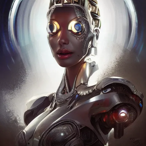 Image similar to cyborg queen, fantasy, portrait, highly detailed, digital painting, trending on artstation, concept art, sharp focus, illustration, art by artgerm and greg rutkowski and magali villeneuv