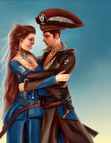 Image similar to couple in love. fully clothed armed female pirate captain, rachel wall, with a male pirate partner, sun, summer, blue eyes, beauty, wisdom, love, strength, knowledge, smart, portrait, symmetrical, highly detailed, digital painting, artstation, smooth, sharp focus, illustration, strength, art nouveau. 8 k