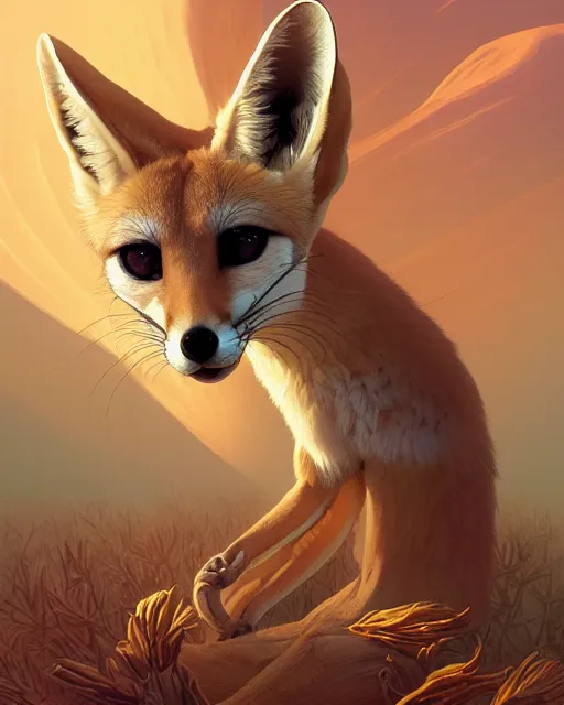 Image similar to highly detailed surreal vfx portrait of a sacred fennec fox, stephen bliss, unreal engine, greg rutkowski, loish, rhads, beeple, makoto shinkai and lois van baarle, ilya kuvshinov, rossdraws, tom bagshaw, alphonse mucha, global illumination, detailed and intricate environment