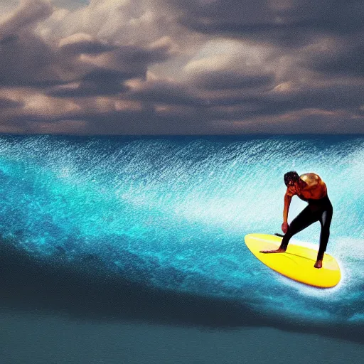 Image similar to photorealistic simon cowell surfing. hyperdetailed photorealism, 1 0 8 megapixels, amazing depth, high resolution, 3 d shading, 3 d finalrender, 3 d cinematic lighting, glowing rich colors, psychedelic overtones, artstation concept art.