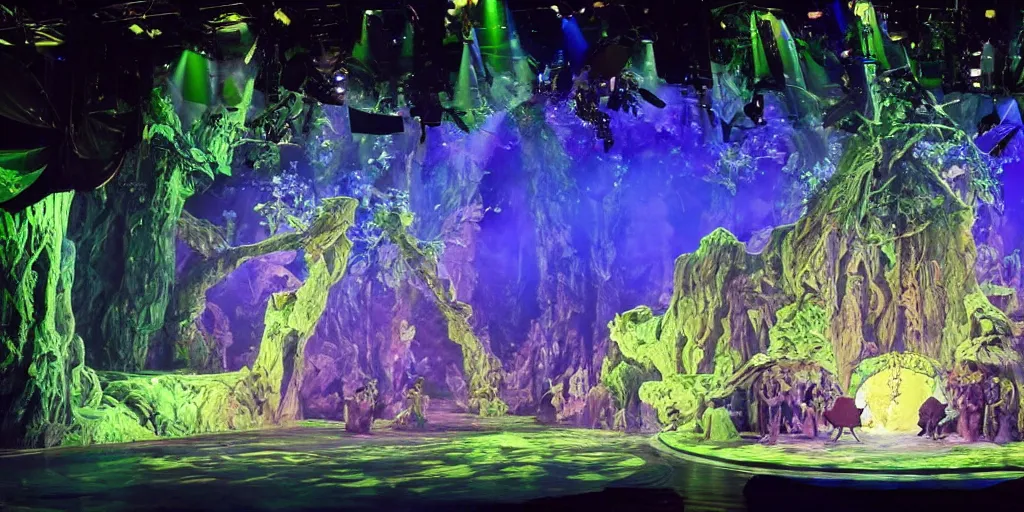 Prompt: the stage design for a futuristic production of midsummer night's dream, set design, dynamic lighting