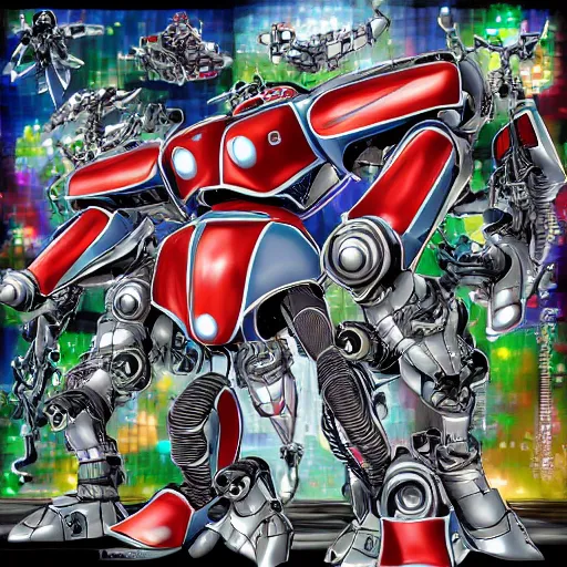 Image similar to combat mecha in the style of jeff koons and junji ito