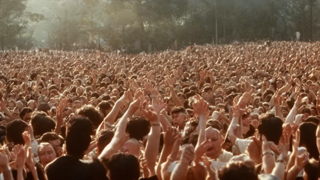 Image similar to movie still of a crowd waving hands saying good morning, cinematic composition, cinematic light, by ridley scott