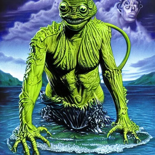 Prompt: album cover, creature from the black lagoon, by Joe Jusko