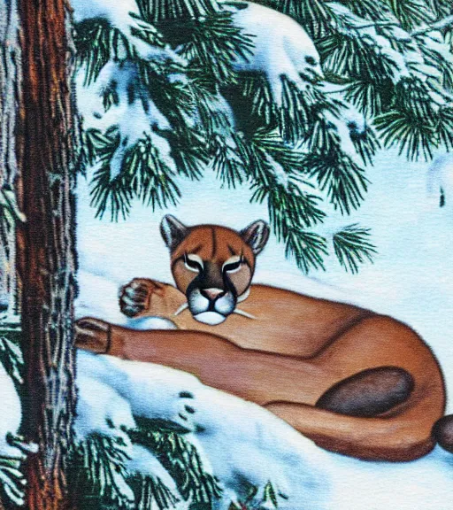 Image similar to damaged postcard of 'a cougar sleeping in the middle of snowy pine tree' laying on coffee table, zoomed out shot