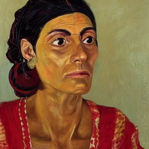 Image similar to Close-up portrait of 30 year old Mediterranean skinned woman in ancient canaanite clothing, painting by Paula Rego, high detail, high resolution